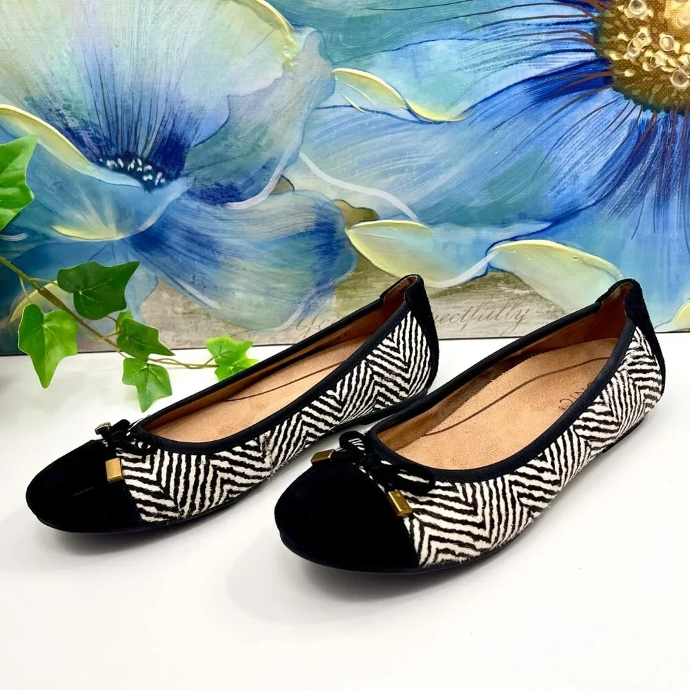 Vionic Minna Zebra Print Ballet Flats With Bow Detail -‎ Black & White Size 6
